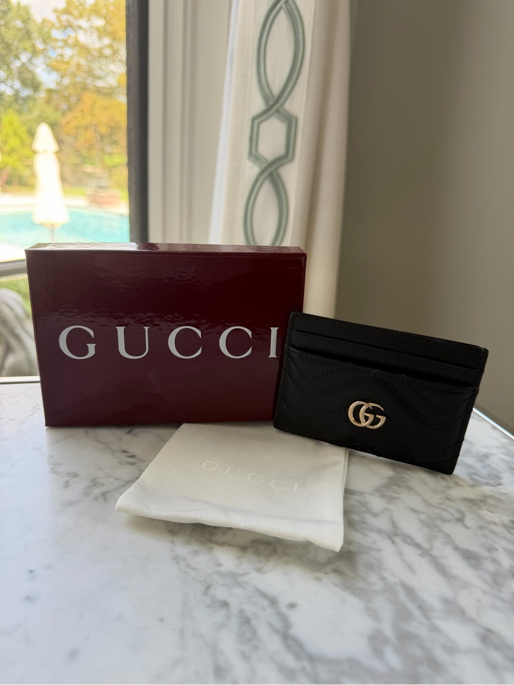 Gucci GG Marmont Black Matelassé Leather Card Holder w/ Box & Dust Bag